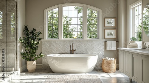 Watercolor serene bathroom with a soaking tub and natural light.