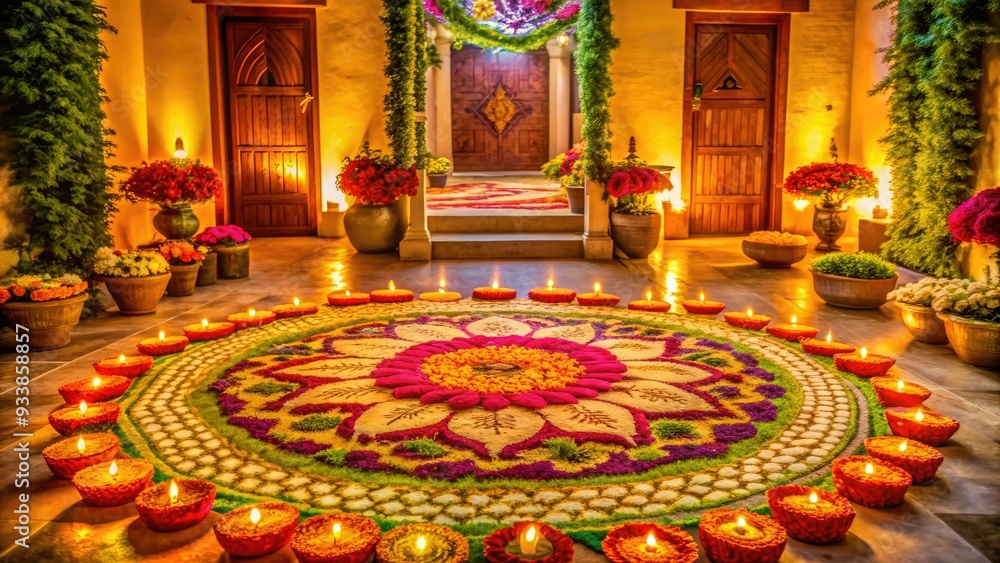 Obraz premium Vibrant colors and intricate patterns adorn a traditional Indian entrance, complete with diyas, flowers, and rangoli, exuding warmth and hospitality to arriving guests.