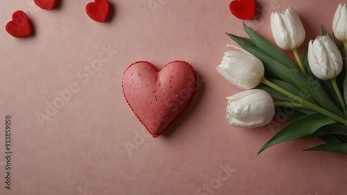 Valentine s Day theme with white tulips a red velvet heart and pink background in a flat lay composition Includes copy space image. photo