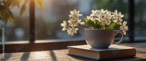 cup of coffee, vase with white jasmine branch and a book on a table during morning sunlight. photo