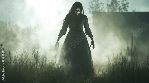 Ghostly Frontier Woman: A banshee dressed in an old-fashioned prairie dress, her face partially decayed, with an ethereal glow surrounding her as she seeks revenge on those who wro photo