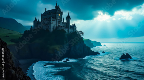 The castle towers above the waves, surrounded by dark clouds and a turbulent sea, creating a hauntingly beautiful view during twilight