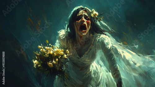 Haunted Banshee Bride: A banshee in a torn bridal gown, her face a mix of beauty and decay, with a bouquet of dead flowers and a scream that lures the living to their doom, concept