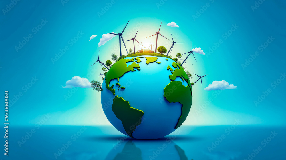 Naklejka premium The globe showcases renewable energy sources with wind turbines and lush greenery, symbolizing a sustainable future and global environmental awareness