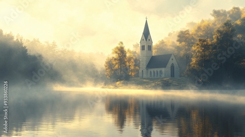 Serene Morning at the Lakeside Church Tranquil Illustration of Church Reflecting in Lake Amid Misty Trees