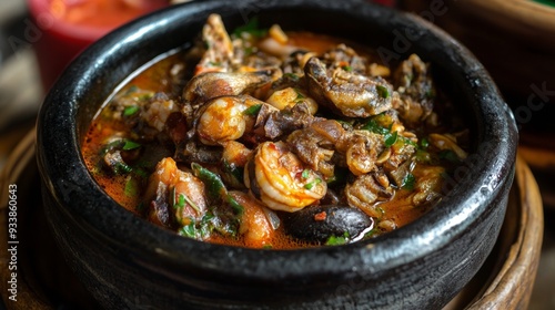 The national cuisine of Ghana: Nkontomire - palm nut soup. Palm soup (“palm nut soup”) is one of the most common dishes of West African cuisine. photo