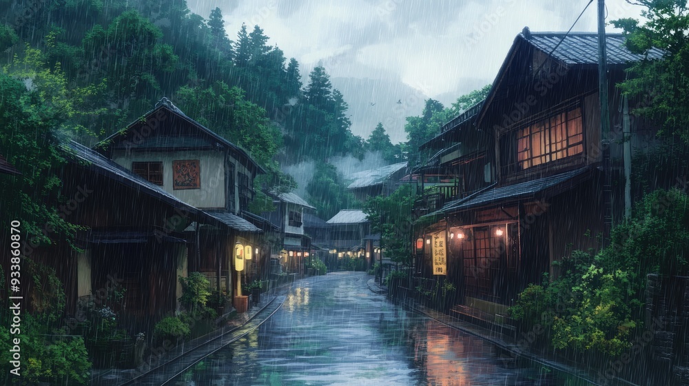 Naklejka premium A beautiful Japanese village scene in anime style, with a cartoonish charm, captured on a rainy day, evoking a peaceful and nostalgic atmosphere.