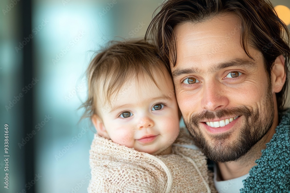 Joyful father holding his smiling baby in a cozy indoor setting during daytime Joyful father holding his smiling baby in a cozy indoor setting during daytime