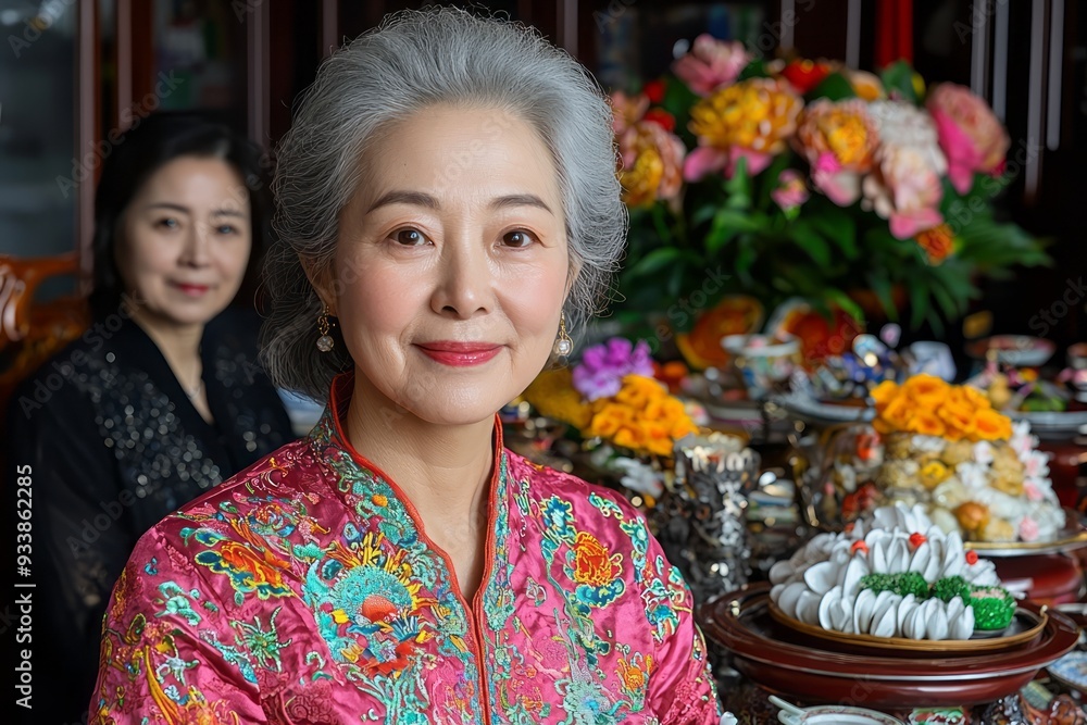 Elegant women celebrate tradition during a joyful family gathering with vibrant decorations