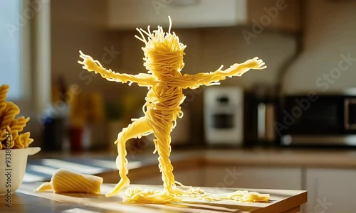 Pasta sculpture dancing in kitchen, showcasing innovative food art and fun culinary