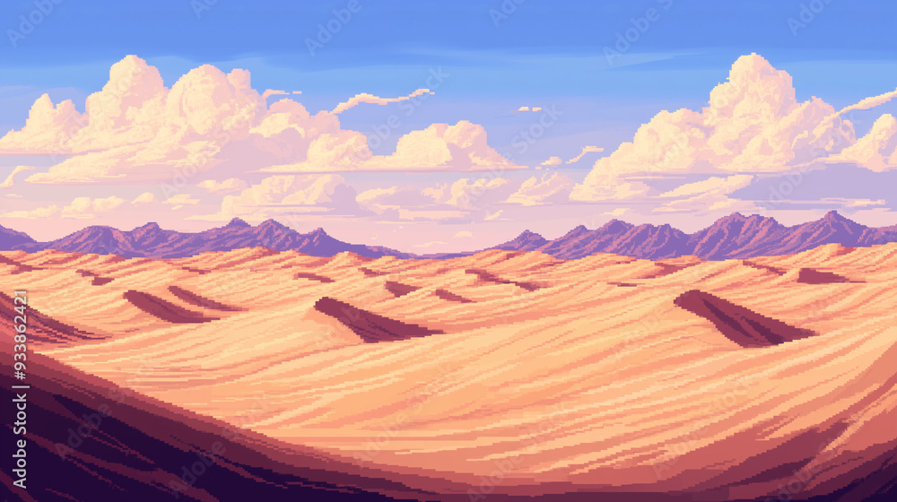 Naklejka premium A desolate stretch of dunes with eerie wind patterns swirling through the sand , pixel art, game assets