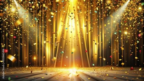 Vibrant confetti explosion fills the air as a gleaming golden curtain drops, revealing a stunning surprise, exuding excitement and celebration in a magical atmosphere.