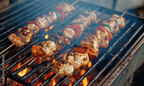 Grilled skewers of meat and vegetables cooking over charcoal flames