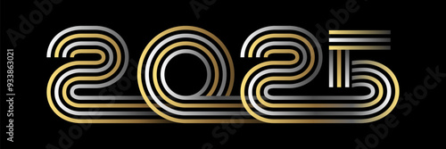 2025 - Bannière pour le nouvel an réalisée avec des chiffres formés de plusieurs lignes or et argent sur fond noir.