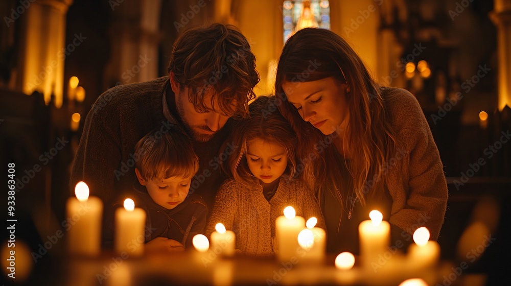Peaceful Family Prayer in Candlelit Church Serene Moment of Togetherness and Faith Peaceful Family Prayer in Candlelit Church Serene Moment of Togetherness and Faith