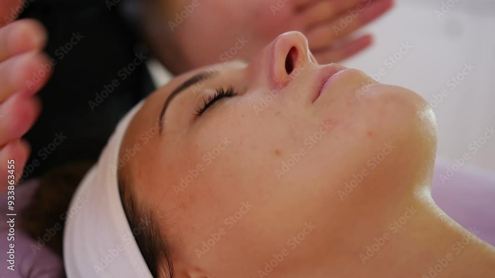 Massage master in black clothes giving facial massage to woman Massage master in black clothes giving facial massage to woman