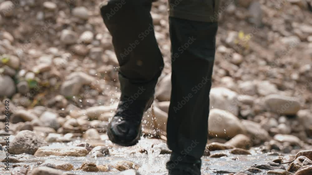 Close-up view of male hiker traveler in trekking shoes walks crossing mountain river. Man wearing hiking boots steps on stones in water stream on sunny day. Active people travel concept slow motion Close-up view of male hiker traveler in trekking shoes walks crossing mountain river. Man wearing hiking boots steps on stones in water stream on sunny day. Active people travel concept slow motion