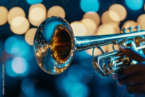 A musician plays a shimmering trumpet during a lively concert at twilight