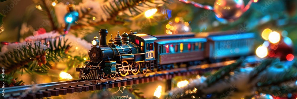 Toy train running around the Christmas tree Toy train running around the Christmas tree