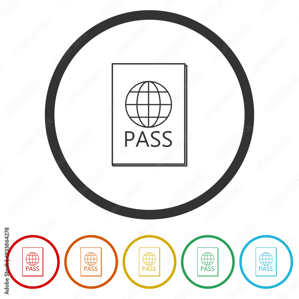 Black passport icon with globe. Set icons in color circle buttons