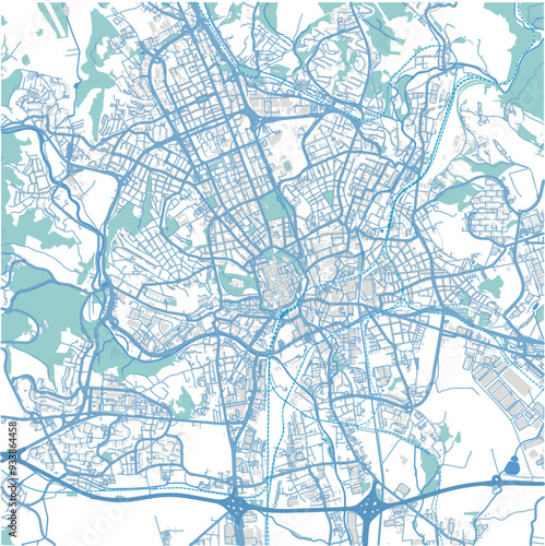 Map of Brno in Czech Republic in blue. Contains layered vector with roads water, parks, etc.