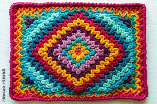 Vibrant crochet square featuring a traditional zigzag pattern, with intricate textured stitches and a handmade, nostalgic quality, perfect for evoking warm, cozy feelings.