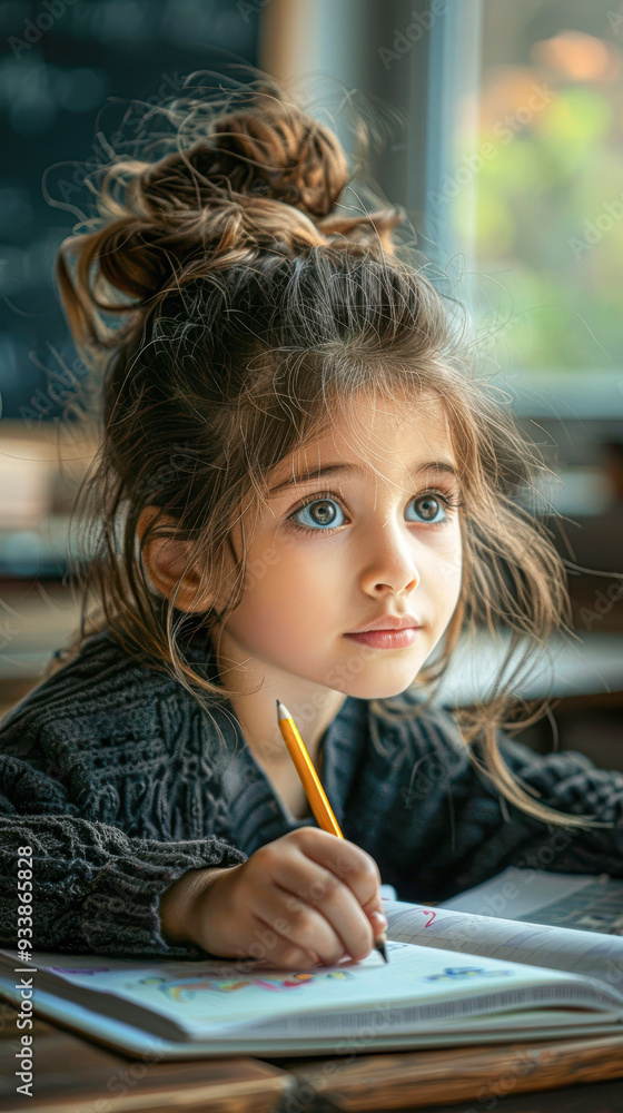 A young girl is sitting at a desk with a pencil and a piece of paper A young girl is sitting at a desk with a pencil and a piece of paper