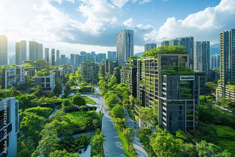 Obraz premium Modern green cityscape with lush foliage and eco-friendly buildi