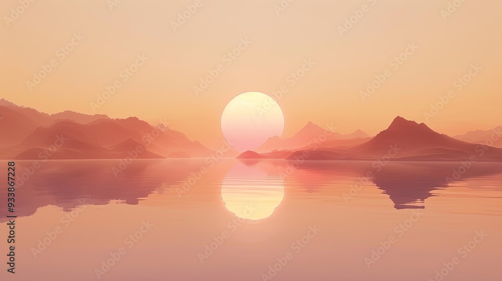 Fototapeta premium A beautiful sunset over a calm lake with mountains in the background