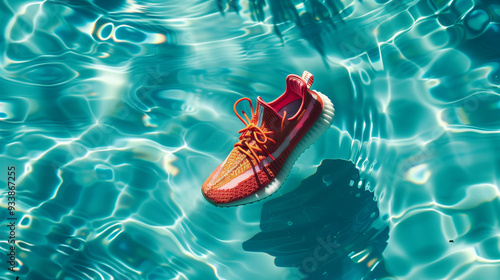 The image showcases a vibrant orange sneaker floating effortlessly on the surface of clear, turquoise water. The sneaker's modern design contrasts beautifully with the fluid, rippling patterns of the  photo