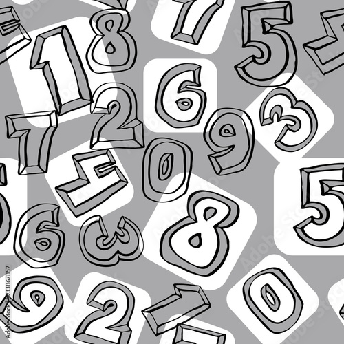 Hand drawn numbers seamless pattern for digital background, wallpaper and textile print. Cartoon style drawing. Education and finance theme, school lettering 