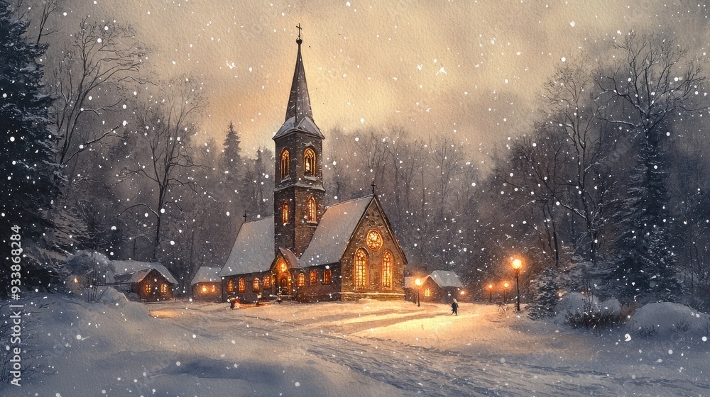 Fototapeta premium snow-covered church on Christmas Eve, with the warm glow of lights shining through stained glass windows, painted in delicate watercolor
