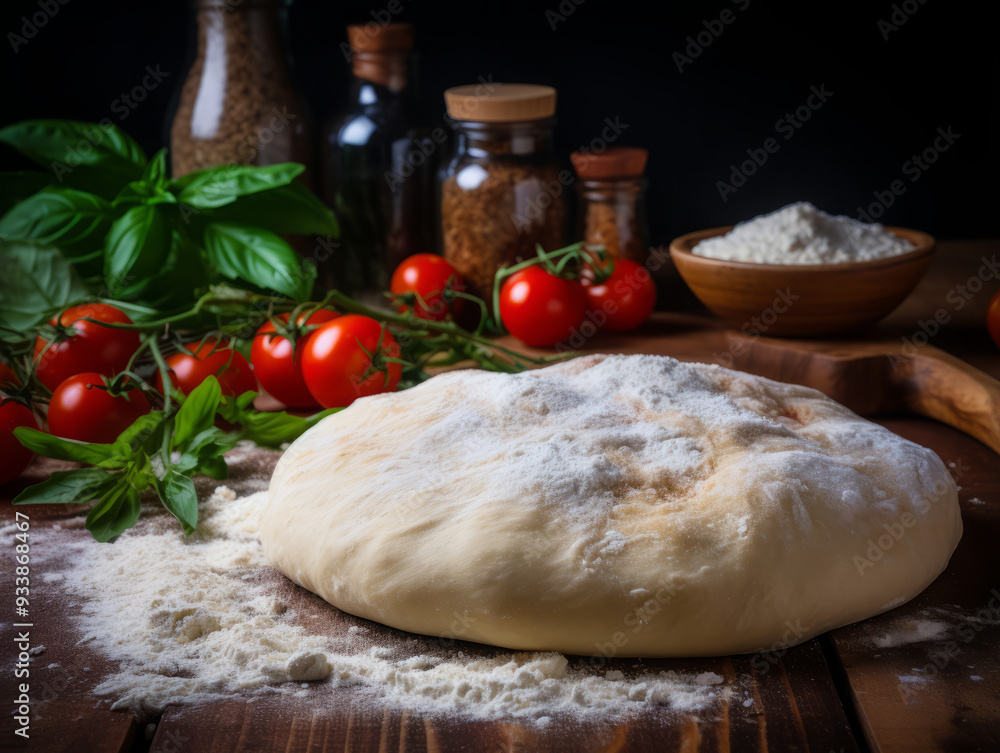Fototapeta premium Fantastic Flour Dough Garlic and Tomatoes on a kitchen countertop