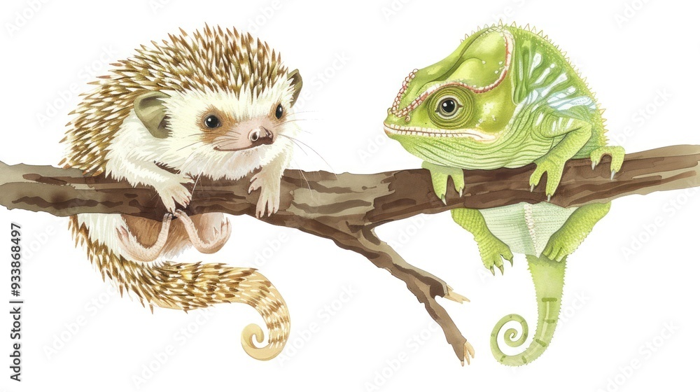 Watercolor Illustration of a Hedgehog and Chameleon on a Branch. Watercolor Illustration of a Hedgehog and Chameleon on a Branch.
