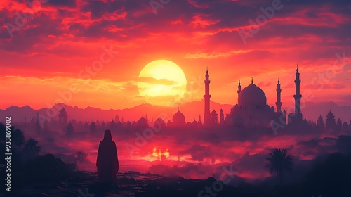 A lone figure stands silhouetted against a vibrant sunset, overlooking a majestic mosque in a misty, ancient city.