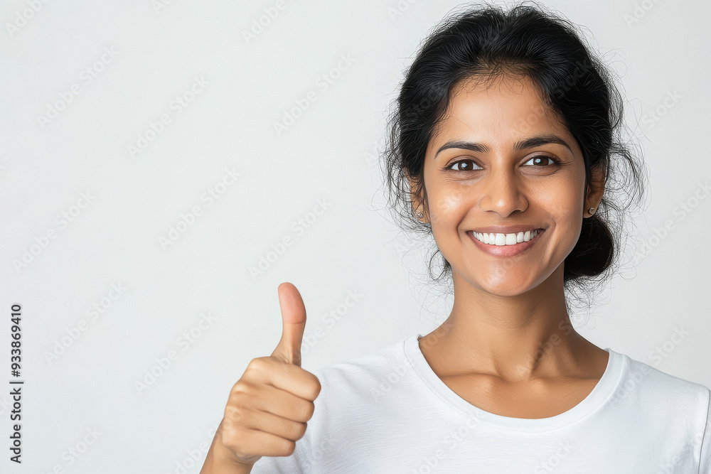 Indian middle age woman in white t shirt showing thumps up Indian middle age woman in white t shirt showing thumps up