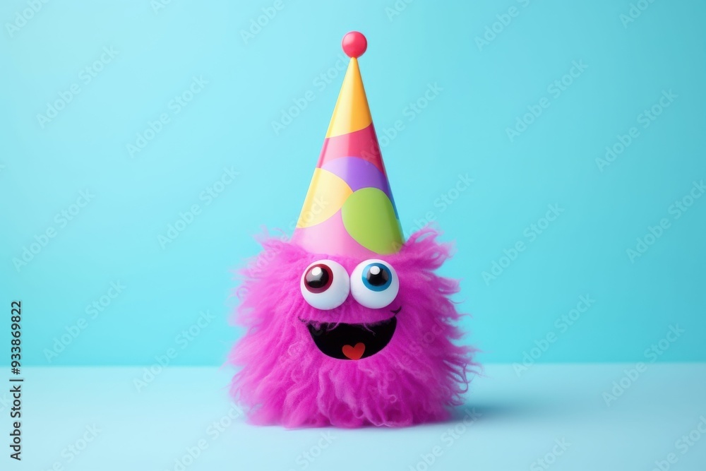 Fototapeta premium Cute monster with birthday hat on head