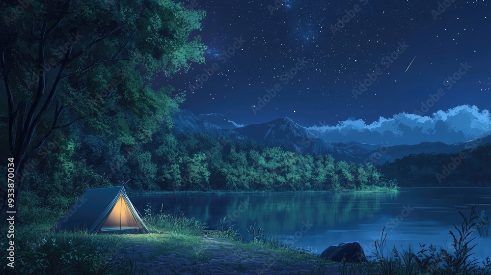 Anime-style campsite nestled in nature, with a tent beside a serene lake, surrounded by lush trees and mountains under a starry night sky. Anime-style campsite nestled in nature, with a tent beside a serene lake, surrounded by lush trees and mountains under a starry night sky.