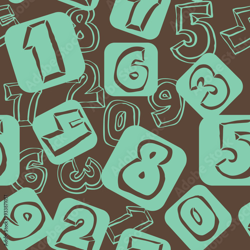 Hand drawn numbers seamless pattern for digital background, wallpaper and textile print. Cartoon style drawing. Education and finance theme, school lettering 