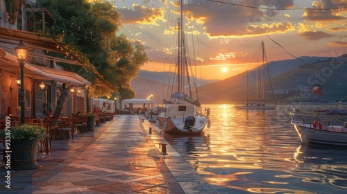 Fototapeta Naklejka Na Ścianę i Meble -  A sunset over a harbor with a boat in the foreground