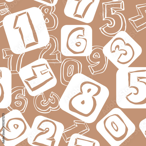 Hand drawn numbers seamless pattern for digital background, wallpaper and textile print. Cartoon style drawing. Education and finance theme, school lettering 