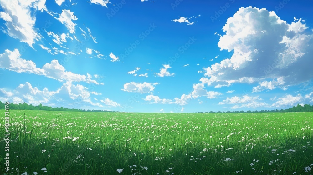 Fototapeta premium Anime-style wide image of green grassy fields under a blue summer sky, with soft white clouds gently moving, creating a calm and serene atmosphere.