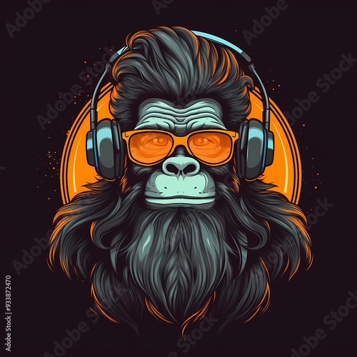 A stylish gorilla wearing orange sunglasses and headphones against a dark background with an orange circular design