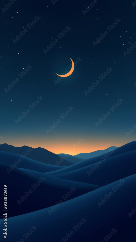 Serene Minimalist Landscape at Twilight Mobile Wallpaper: Rolling Hills Under a Starry Night Sky with Crescent Moon and Golden Hues Serene Minimalist Landscape at Twilight Mobile Wallpaper: Rolling Hills Under a Starry Night Sky with Crescent Moon and Golden Hues