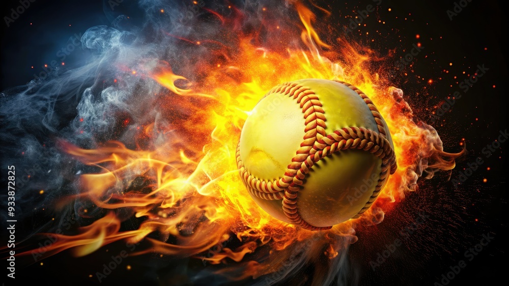 Vibrant flames engulf a softball, symbolizing passion and energy, as the fiery orb sits on a dark background, illuminated by flickering orange and yellow hues. Vibrant flames engulf a softball, symbolizing passion and energy, as the fiery orb sits on a dark background, illuminated by flickering orange and yellow hues.