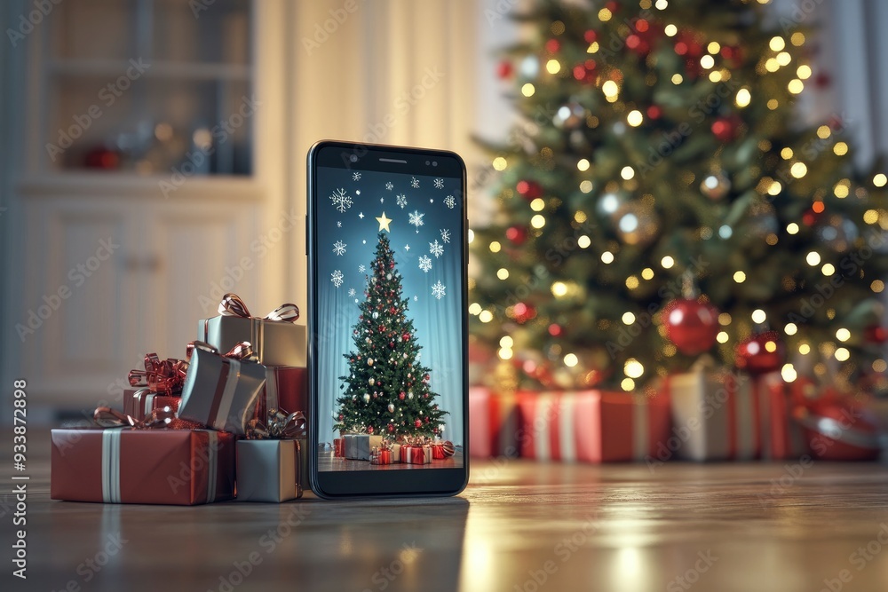 Smartphone with christmas tree and gifts on screen. 3D rendering. Merry Christmas concept with generative ai Smartphone with christmas tree and gifts on screen. 3D rendering. Merry Christmas concept with generative ai
