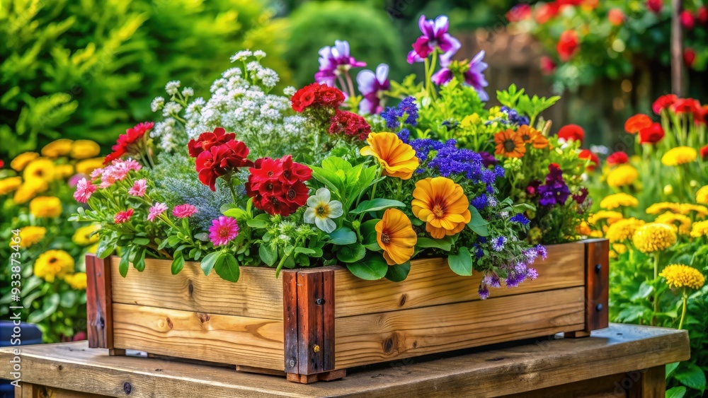 Vibrant flowers and lush greenery overflow from a beautifully crafted wooden garden box, adding a touch of nature's elegance to any outdoor setting. Vibrant flowers and lush greenery overflow from a beautifully crafted wooden garden box, adding a touch of nature's elegance to any outdoor setting.