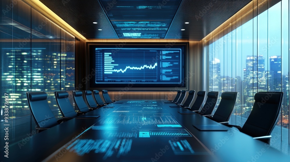 High-tech boardroom with digital interfaces showing management KPIs and strategic plans in real-time High-tech boardroom with digital interfaces showing management KPIs and strategic plans in real-time