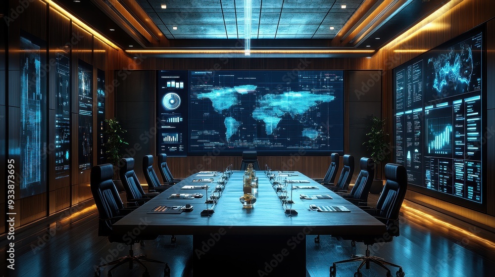 High-tech boardroom with digital interfaces showing management KPIs and strategic plans in real-time High-tech boardroom with digital interfaces showing management KPIs and strategic plans in real-time