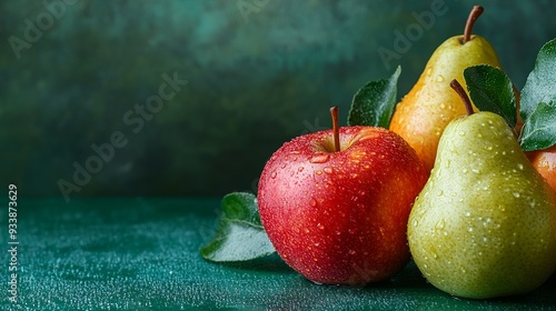 tasty, juicy fresh apples and pears with water drops 